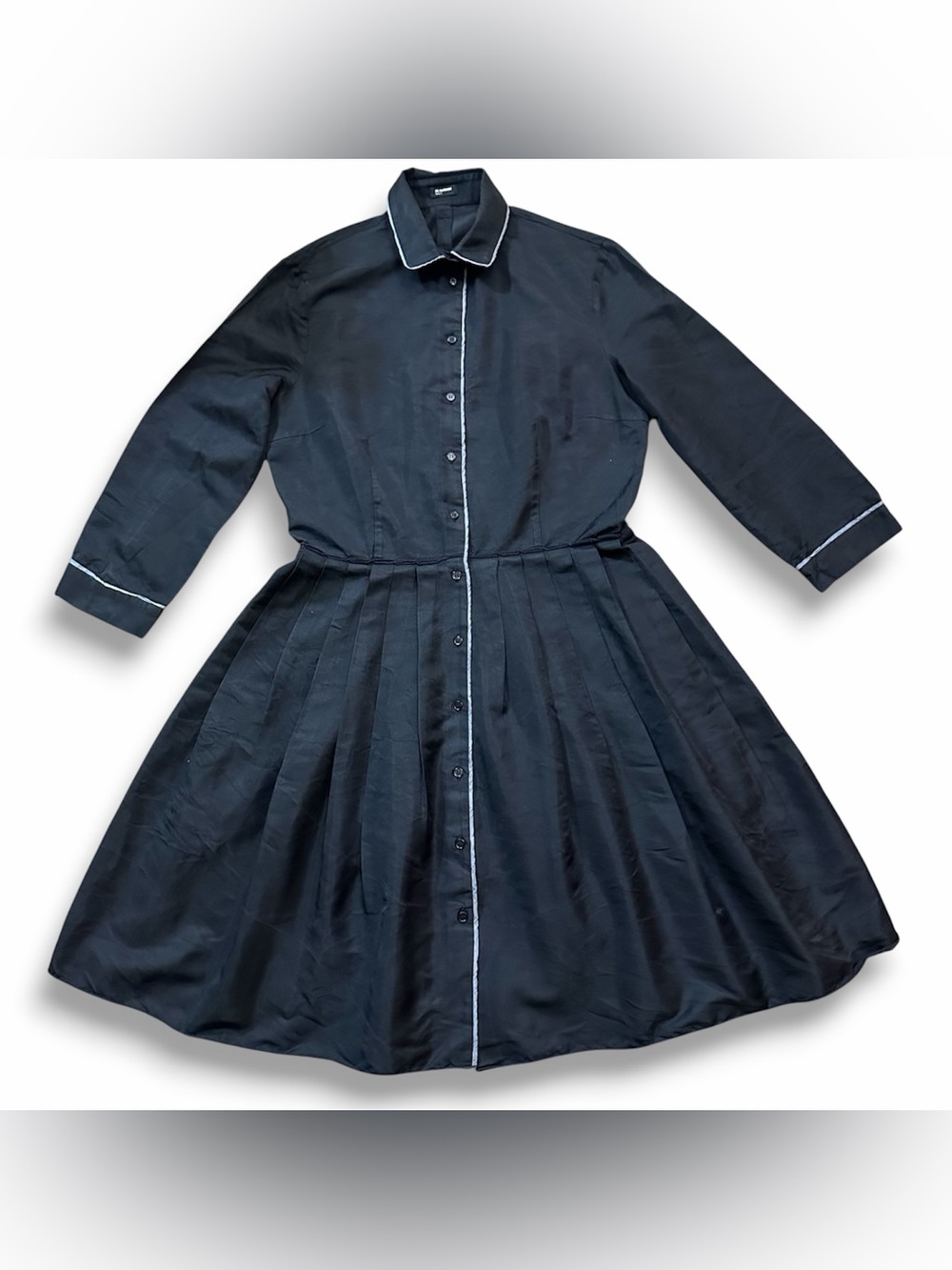 Jil Sander Navy Collared Shirt Dress Long Sleeve Pleated Skirt Button Front Silk